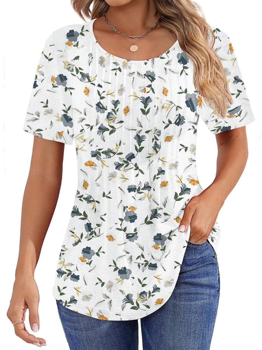 Women Summer Pleated Short Sleeve Tunic Blouses Tops