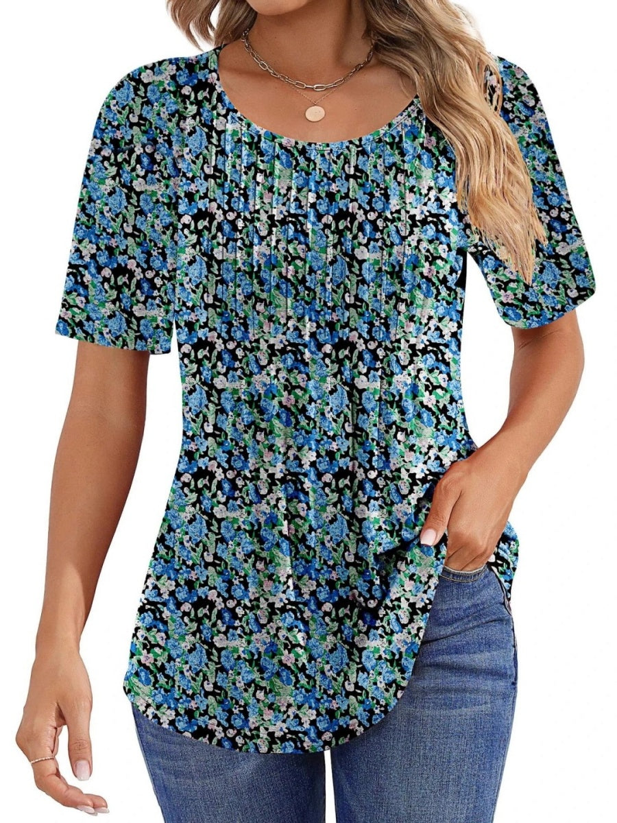 Women Summer Pleated Short Sleeve Tunic Blouses Tops