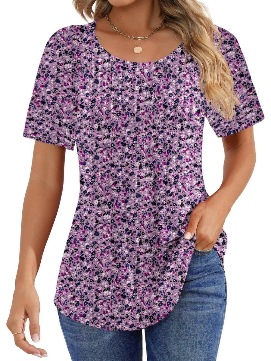 Women Summer Pleated Short Sleeve Tunic Blouses Tops