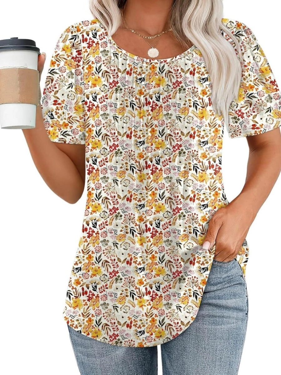 Women Summer Pleated Short Sleeve Tunic Blouses Tops