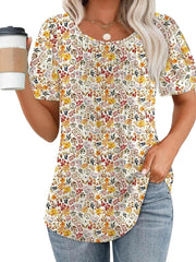 Women Summer Pleated Short Sleeve Tunic Blouses Tops