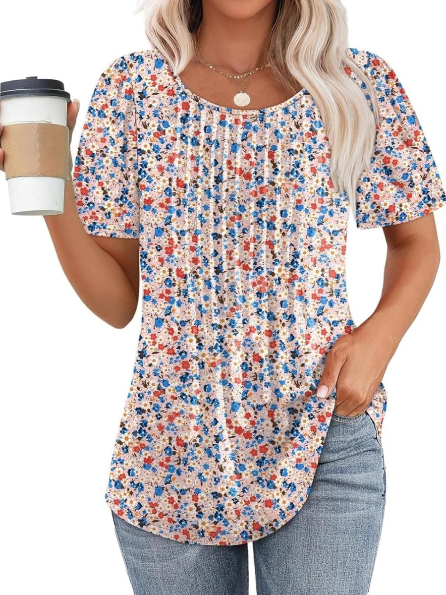Women Summer Pleated Short Sleeve Tunic Blouses Tops