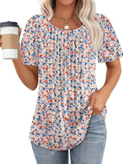 Women Summer Pleated Short Sleeve Tunic Blouses Tops