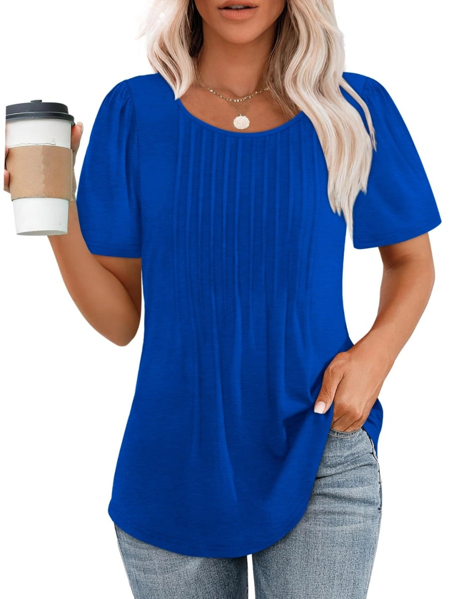Women Summer Pleated Short Sleeve Tunic Blouses Tops
