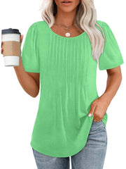 Women Summer Pleated Short Sleeve Tunic Blouses Tops
