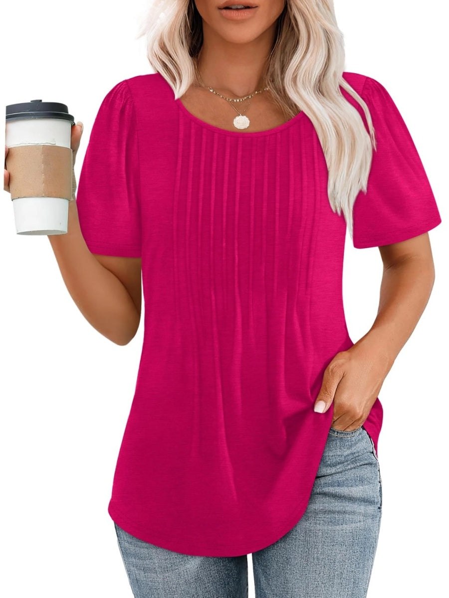 Women Summer Pleated Short Sleeve Tunic Blouses Tops