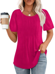 Women Summer Pleated Short Sleeve Tunic Blouses Tops