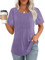 Women Summer Pleated Short Sleeve Tunic Blouses Tops
