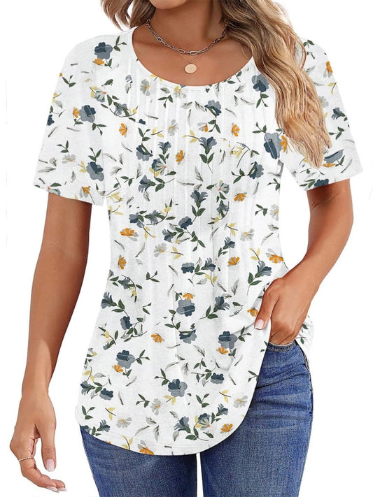 Women Summer Pleated Short Sleeve Tunic Blouses Tops