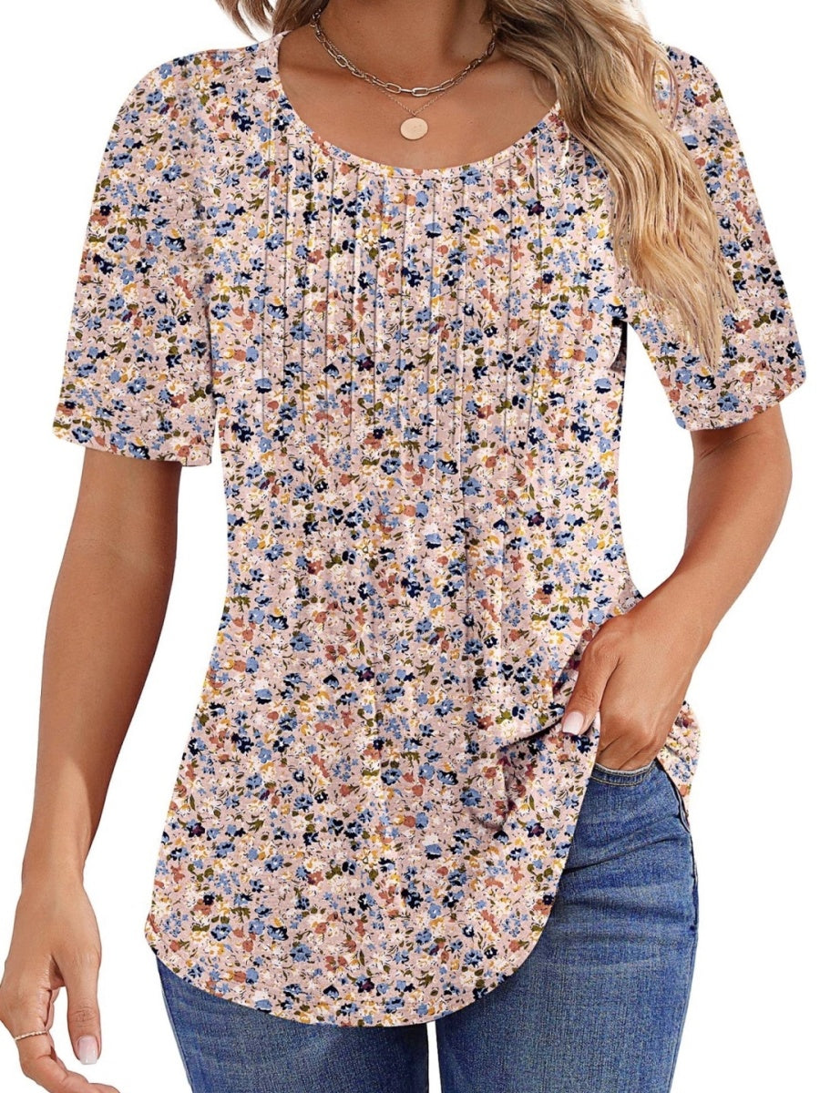 Women Summer Pleated Short Sleeve Tunic Blouses Tops