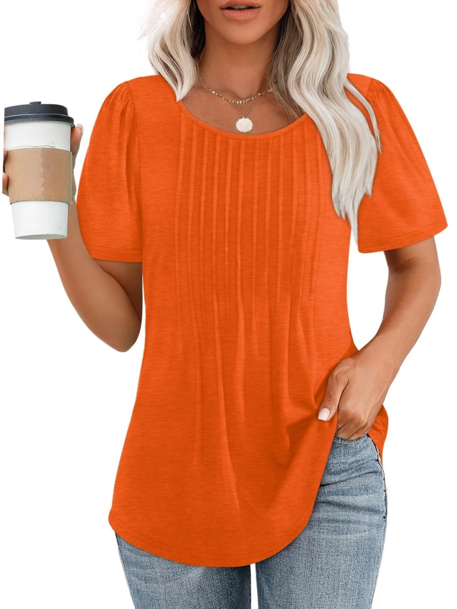 Women Summer Pleated Short Sleeve Tunic Blouses Tops