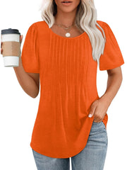 Women Summer Pleated Short Sleeve Tunic Blouses Tops