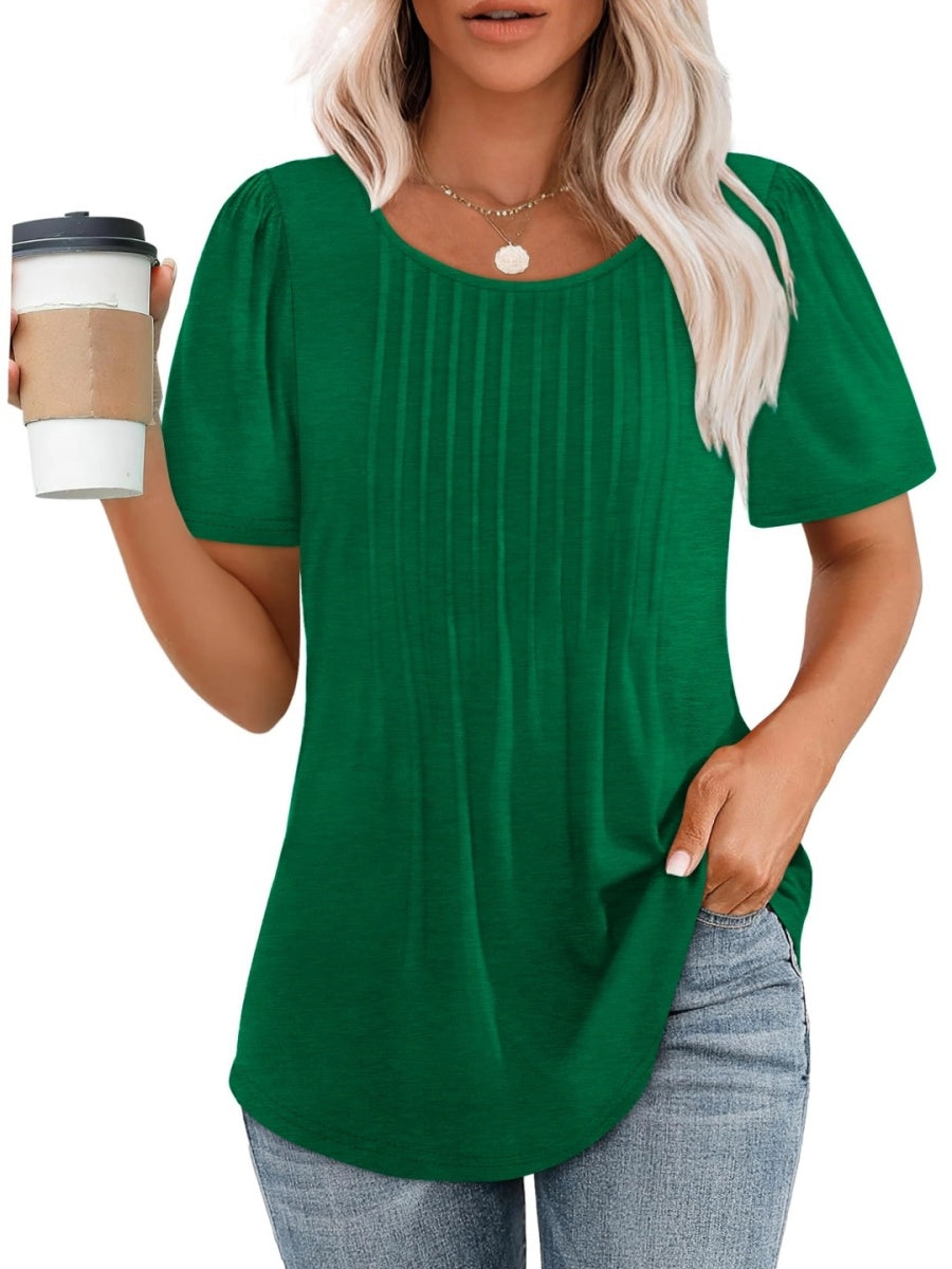 Women Summer Pleated Short Sleeve Tunic Blouses Tops