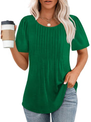 Women Summer Pleated Short Sleeve Tunic Blouses Tops