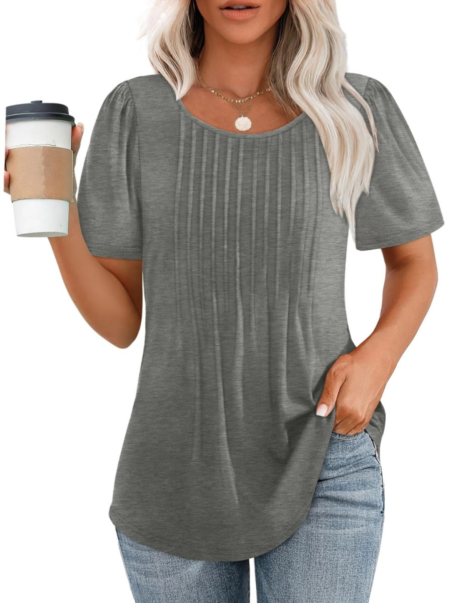 Women Summer Pleated Short Sleeve Tunic Blouses Tops
