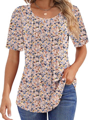 Women Summer Pleated Short Sleeve Tunic Blouses Tops