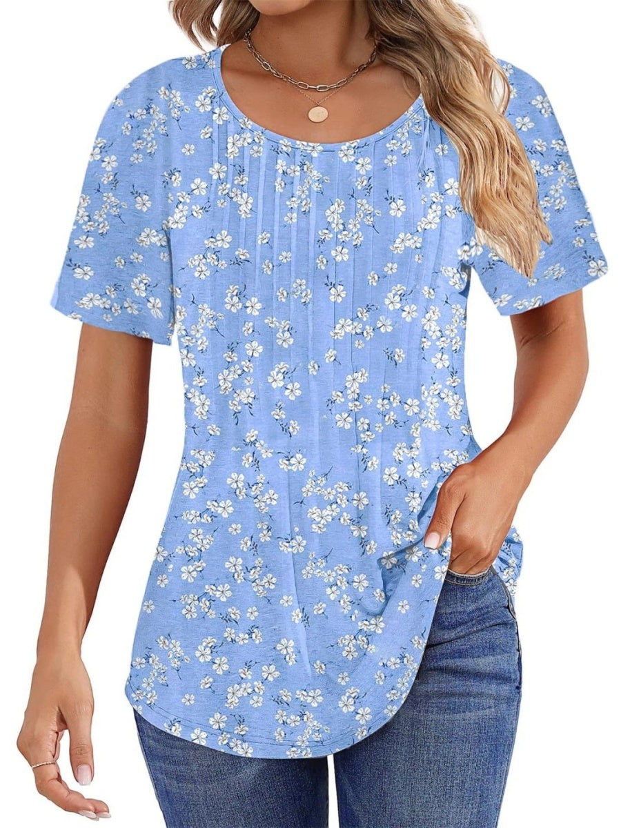 Women Summer Pleated Short Sleeve Tunic Blouses Tops