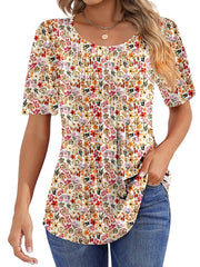Women Summer Pleated Short Sleeve Tunic Blouses Tops
