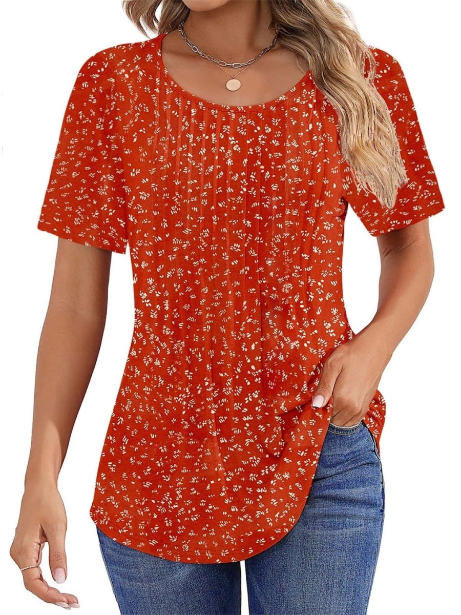 Women Summer Pleated Short Sleeve Tunic Blouses Tops
