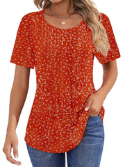 Women Summer Pleated Short Sleeve Tunic Blouses Tops