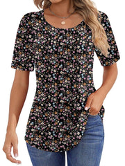 Women Summer Pleated Short Sleeve Tunic Blouses Tops