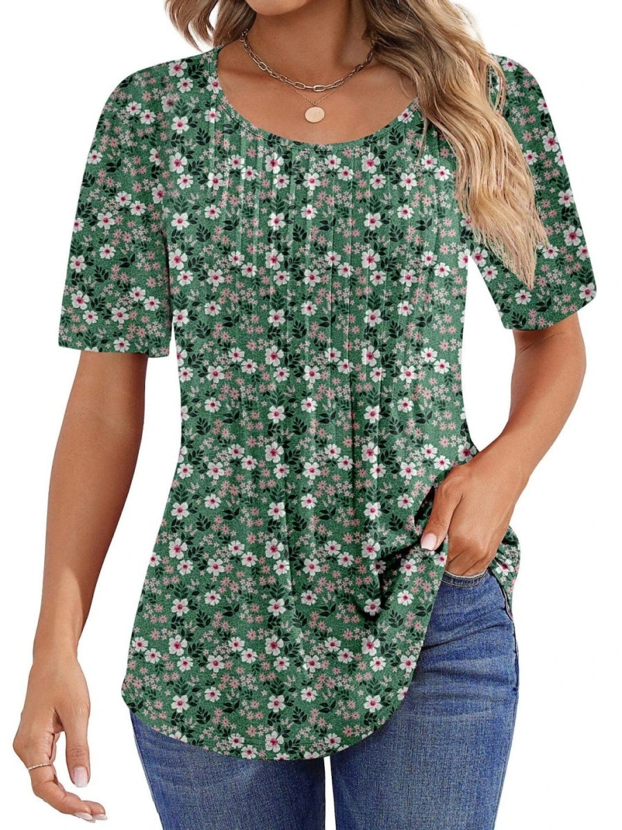 Women Summer Pleated Short Sleeve Tunic Blouses Tops