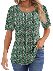 Women Summer Pleated Short Sleeve Tunic Blouses Tops