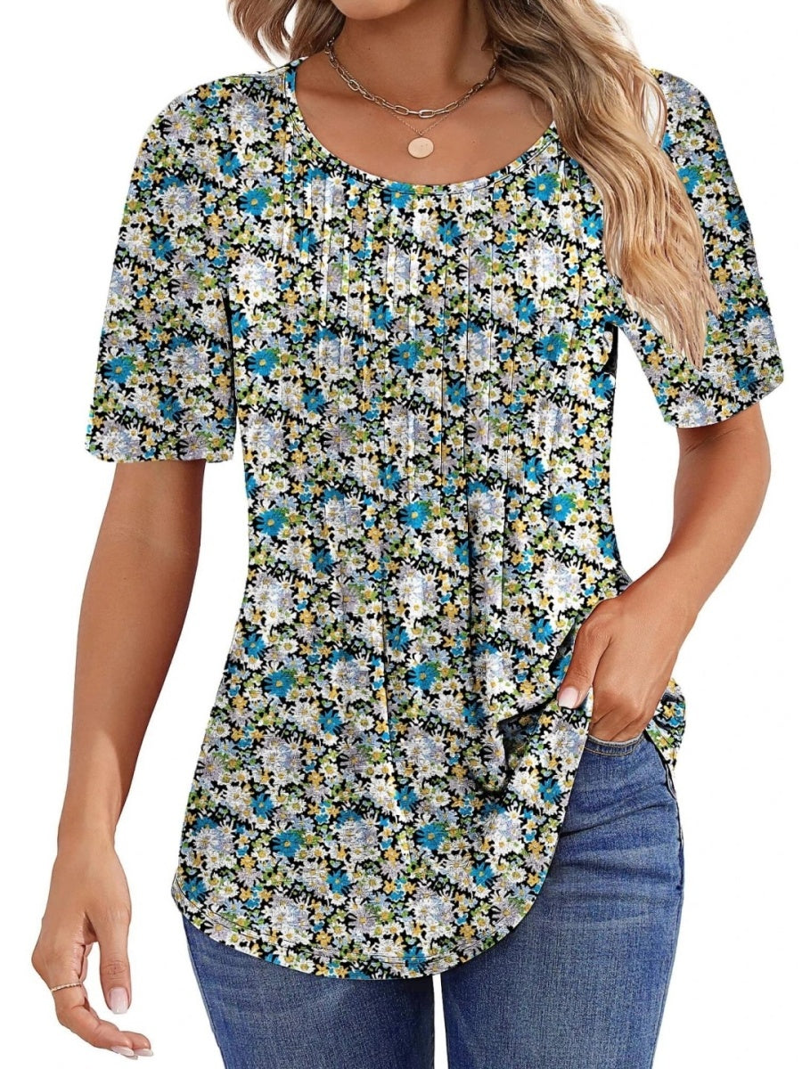 Women Summer Pleated Short Sleeve Tunic Blouses Tops