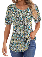 Women Summer Pleated Short Sleeve Tunic Blouses Tops