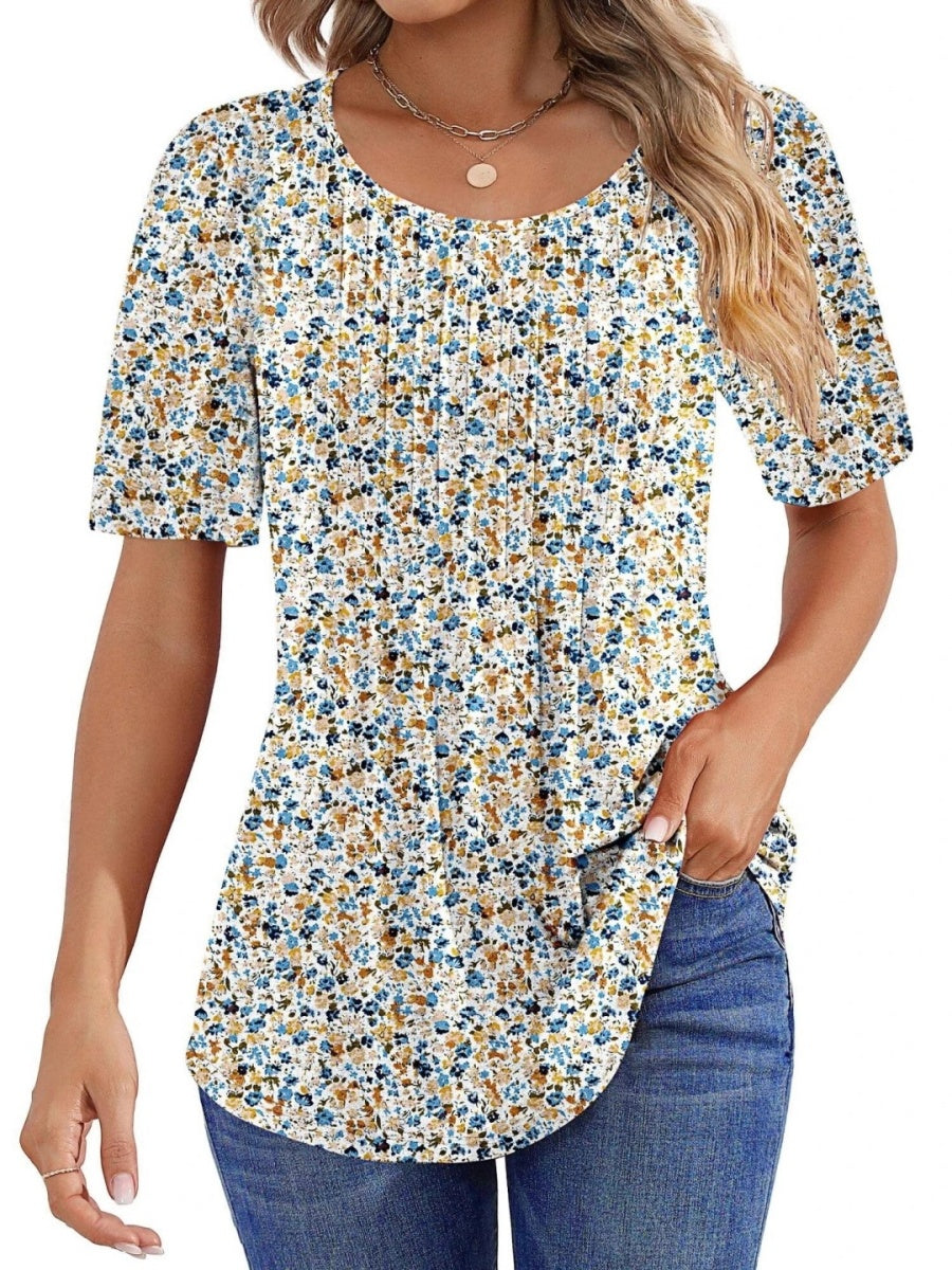 Women Summer Pleated Short Sleeve Tunic Blouses Tops
