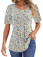Women Summer Pleated Short Sleeve Tunic Blouses Tops