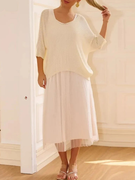 Women's Hollow-Out Top & Sleeveless Mesh Dress 2-Piece Set