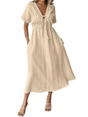Women's V-Neck Short Sleeve Tie Front Midi Dress with Pockets