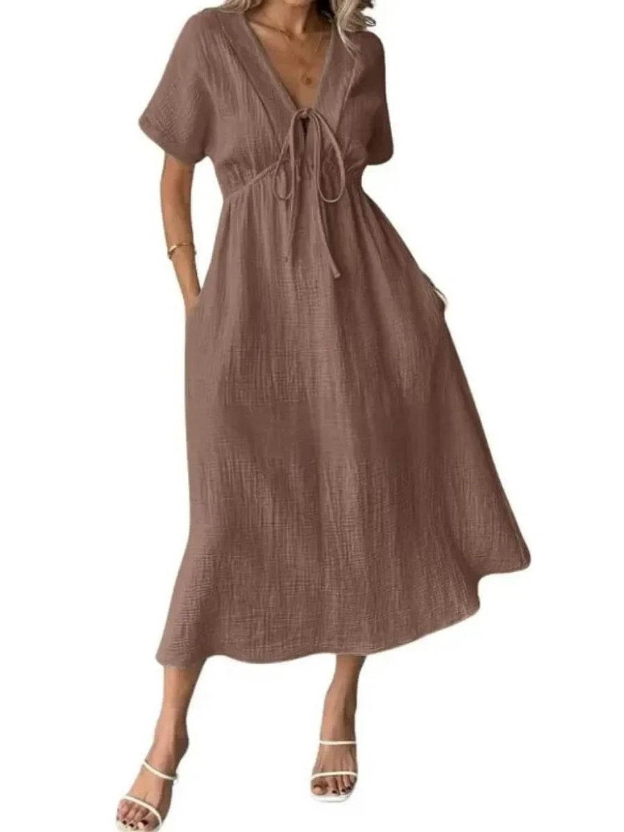 Women's V-Neck Short Sleeve Tie Front Midi Dress with Pockets