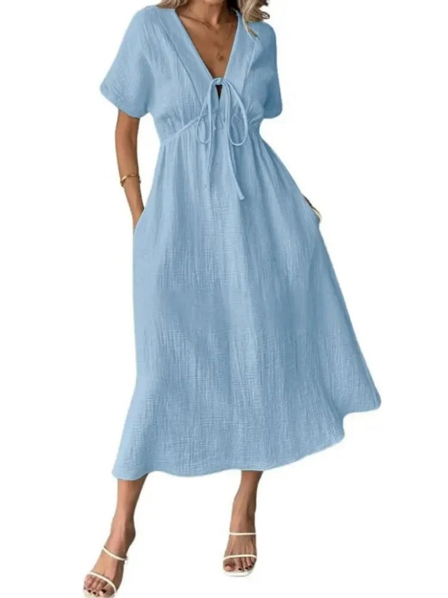 Women's V-Neck Short Sleeve Tie Front Midi Dress with Pockets