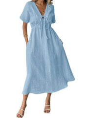Women's V-Neck Short Sleeve Tie Front Midi Dress with Pockets