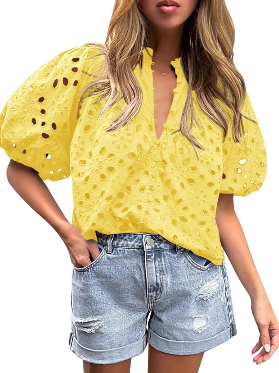 Women's Casual Short Sleeve V Neck Buttons Hollow Out Lace Embroidered Blouse