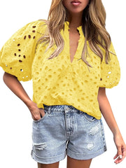 Women's Casual Short Sleeve V Neck Buttons Hollow Out Lace Embroidered Blouse