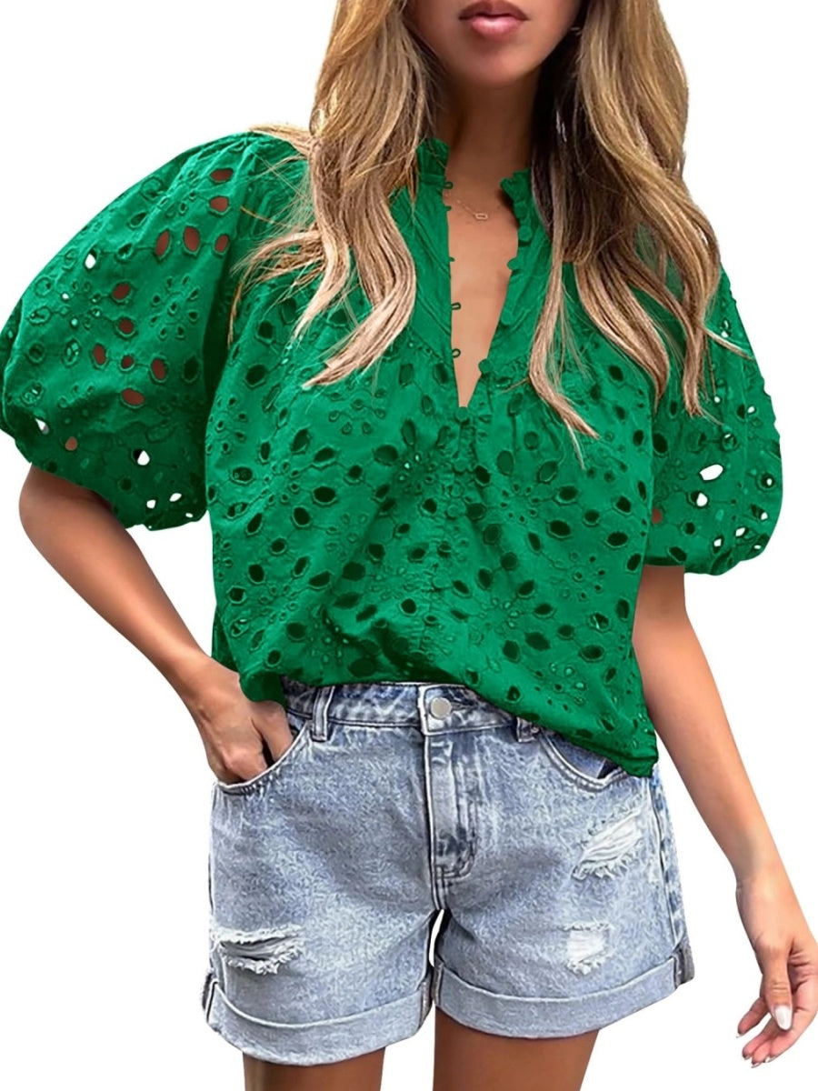 Women's Casual Short Sleeve V Neck Buttons Hollow Out Lace Embroidered Blouse