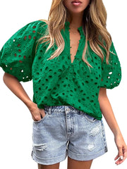 Women's Casual Short Sleeve V Neck Buttons Hollow Out Lace Embroidered Blouse