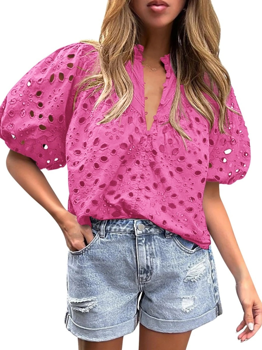 Women's Casual Short Sleeve V Neck Buttons Hollow Out Lace Embroidered Blouse