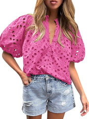 Women's Casual Short Sleeve V Neck Buttons Hollow Out Lace Embroidered Blouse