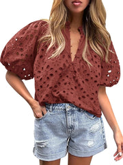 Women's Casual Short Sleeve V Neck Buttons Hollow Out Lace Embroidered Blouse