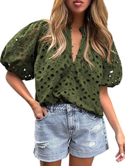Women's Casual Short Sleeve V Neck Buttons Hollow Out Lace Embroidered Blouse