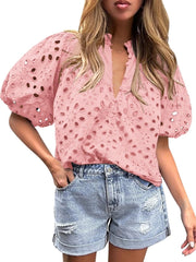 Women's Casual Short Sleeve V Neck Buttons Hollow Out Lace Embroidered Blouse
