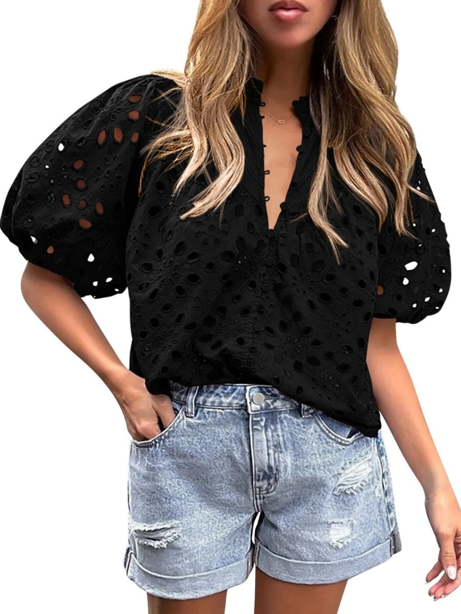 Women's Casual Short Sleeve V Neck Buttons Hollow Out Lace Embroidered Blouse