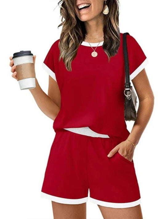 Women's Contrast Trim Crew Neck 2 Piece Short Set