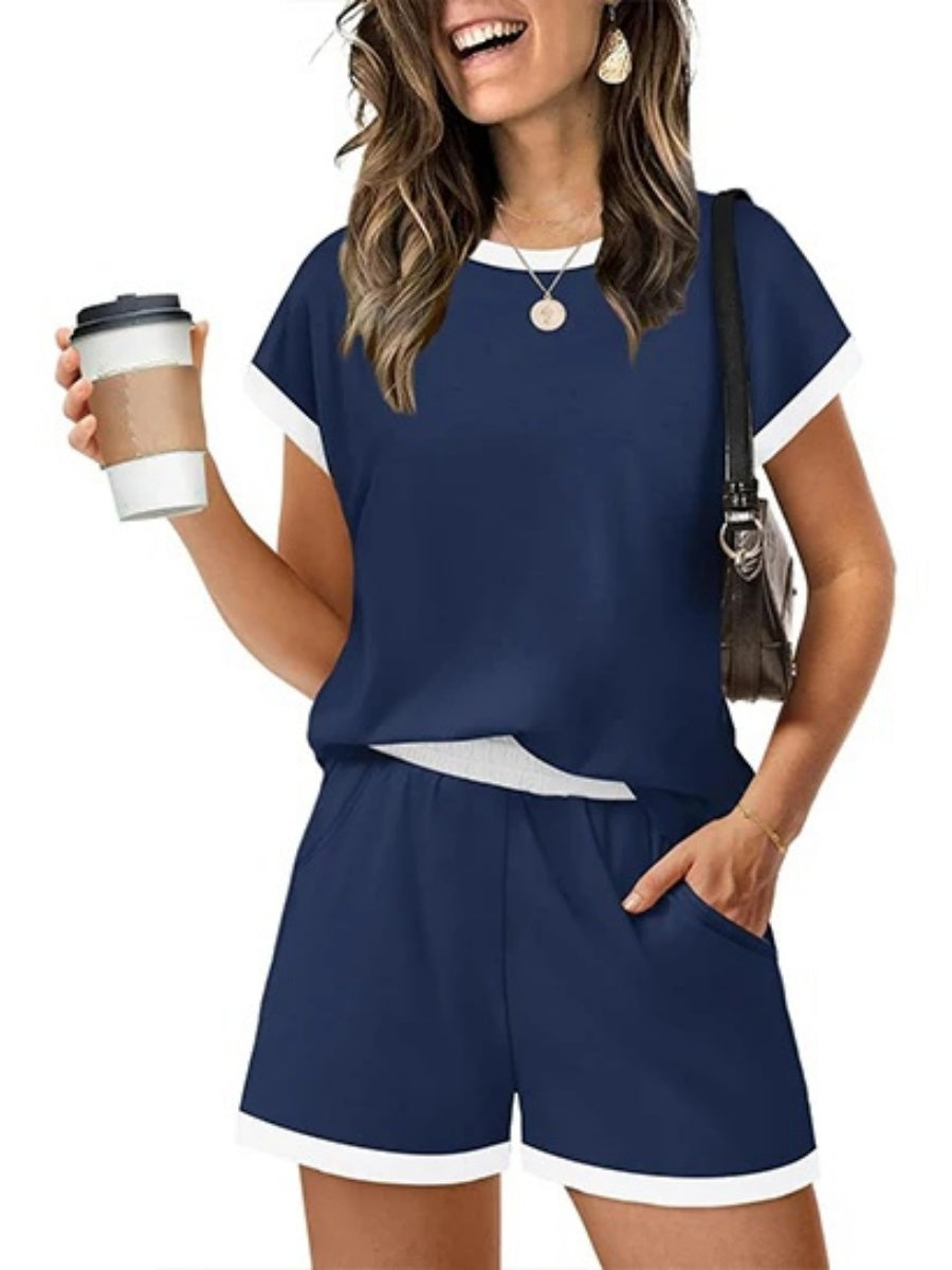 Women's Contrast Trim Crew Neck 2 Piece Short Set
