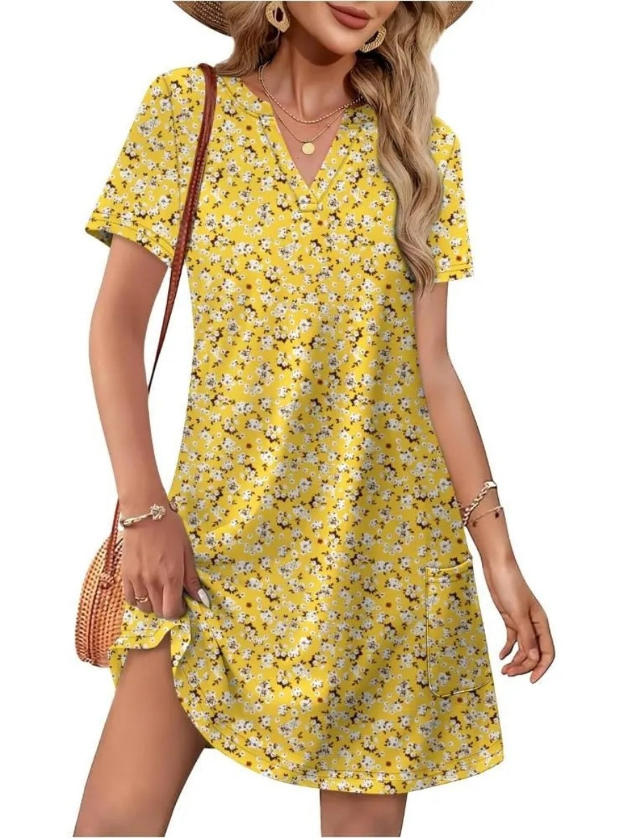 Women's Printed V Neck Short Sleeve Mini Dress With Pockets