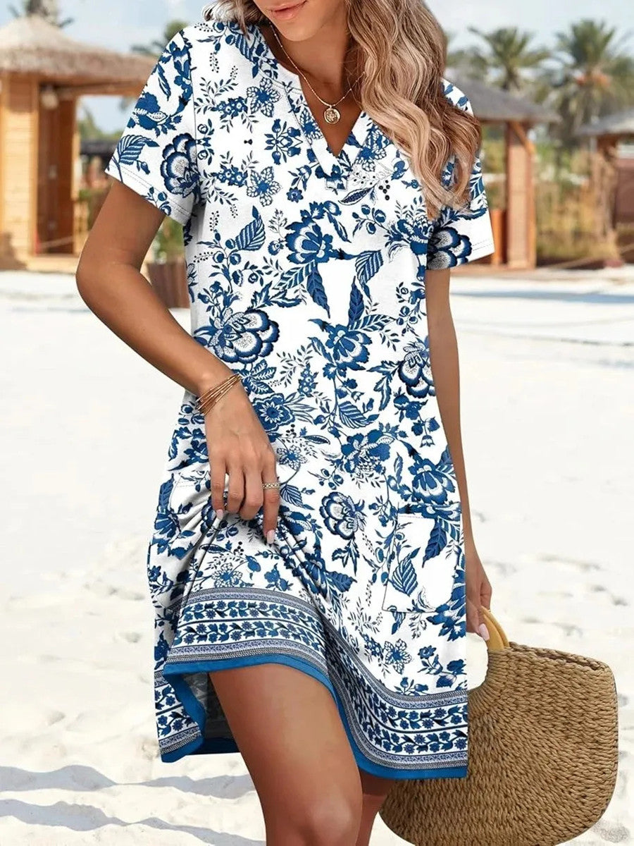 Women's Printed V Neck Short Sleeve Mini Dress With Pockets